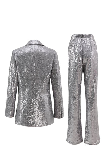 Silver Sequin Notched Lapel 2 Pieces Prom Suits